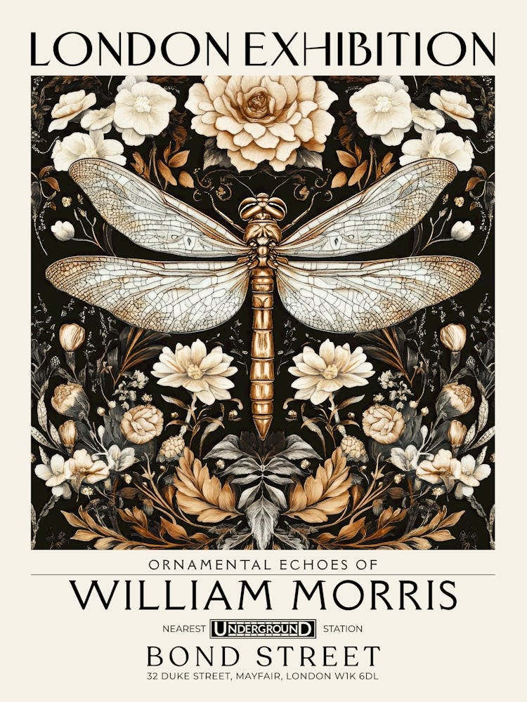 William Morris Dragonfly and floral artwork in Warm earth tones, insect and flower pattern dark academia library Botanical vintage print, living room vintage decor Floral tapestry Victorian nature art 6