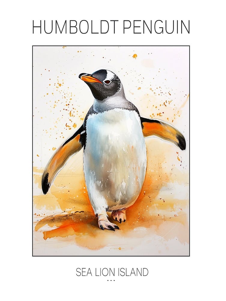 Humboldt Penguin Sea Lion Island Watercolour Painting 3 Poster
