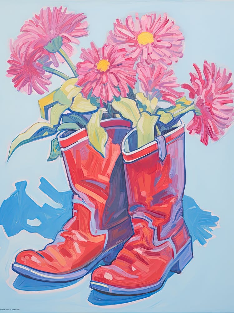 A Painting Of Cowboy Boots With Purple Lilac Flowers, Fauvist Style, Still Life 2
