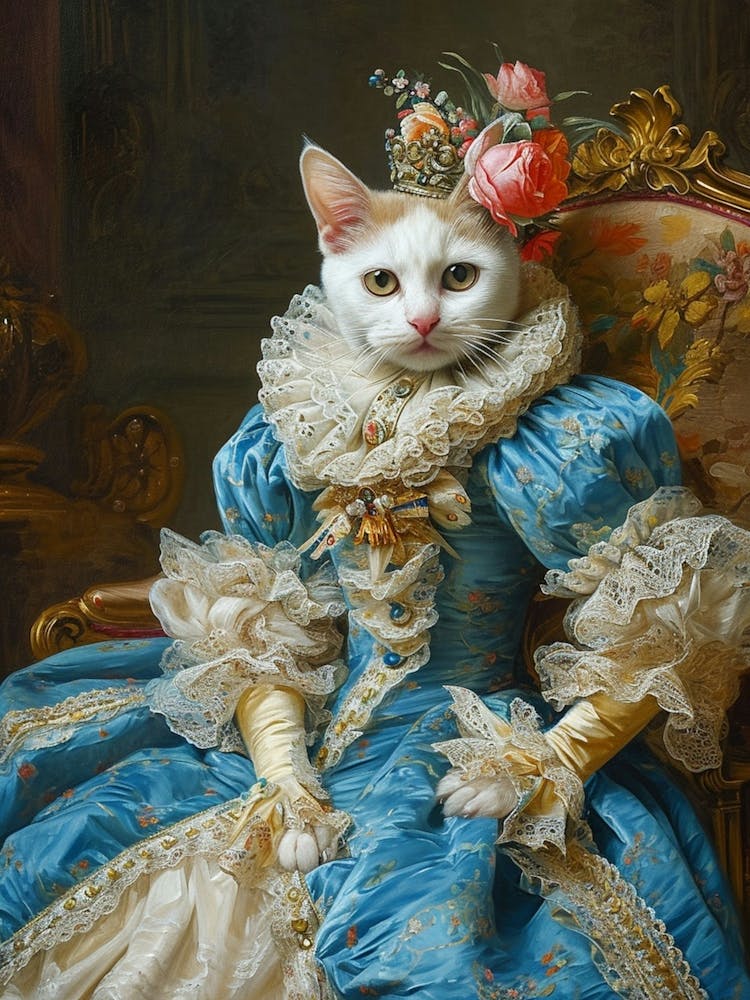 Rococo Style Painting Of Cat In Blue Royal Dress 2