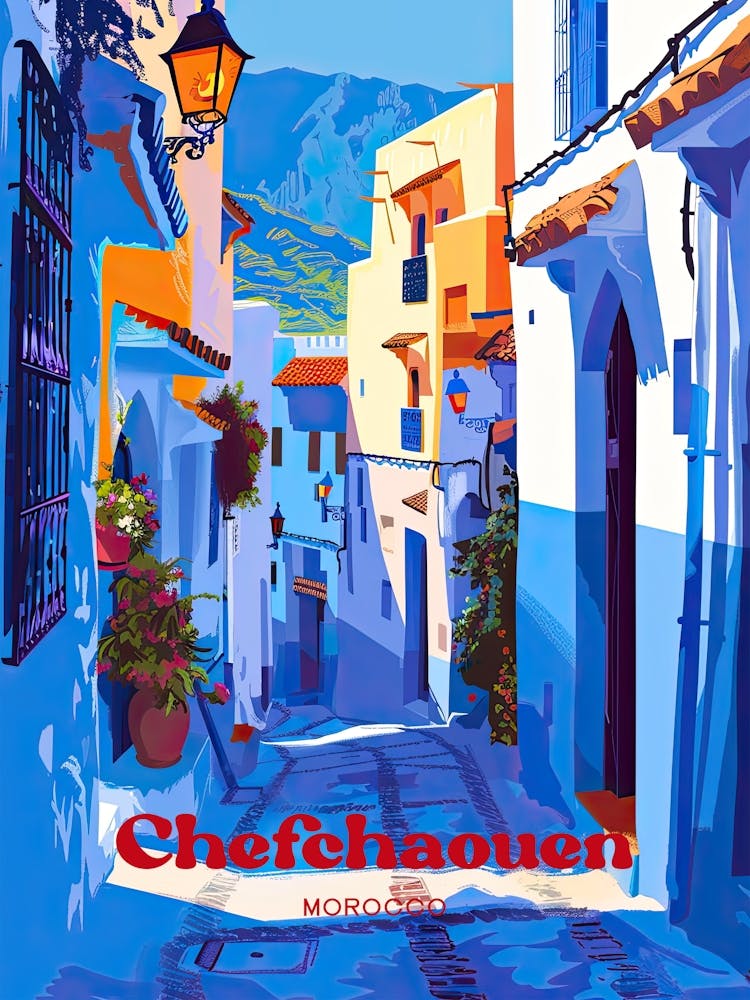 Chefchaouen Morocco Cobble Street Digital Travel Illustration