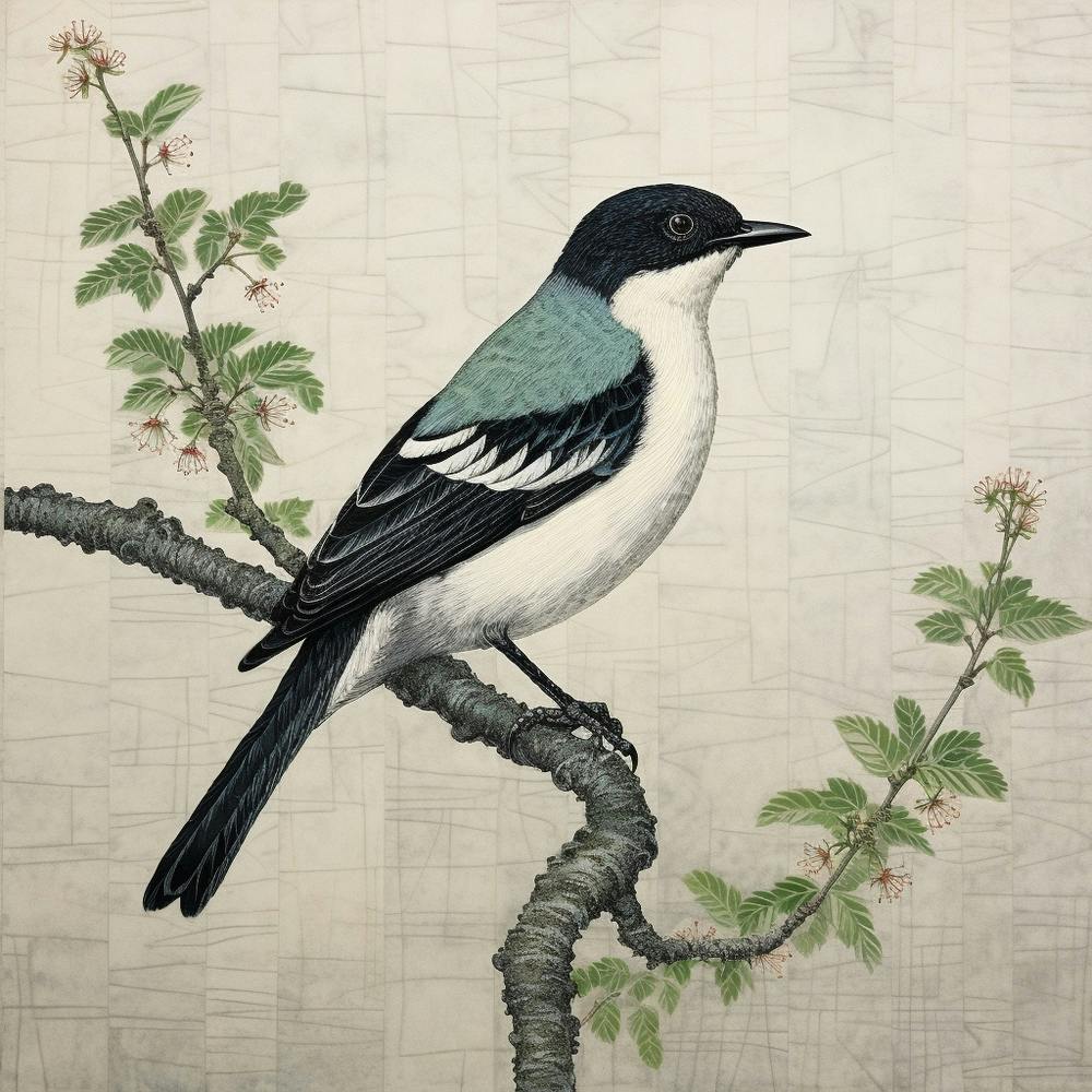Peinture d'oiseau inspirée d'Ohara Koson Merlebleu 3 Carré