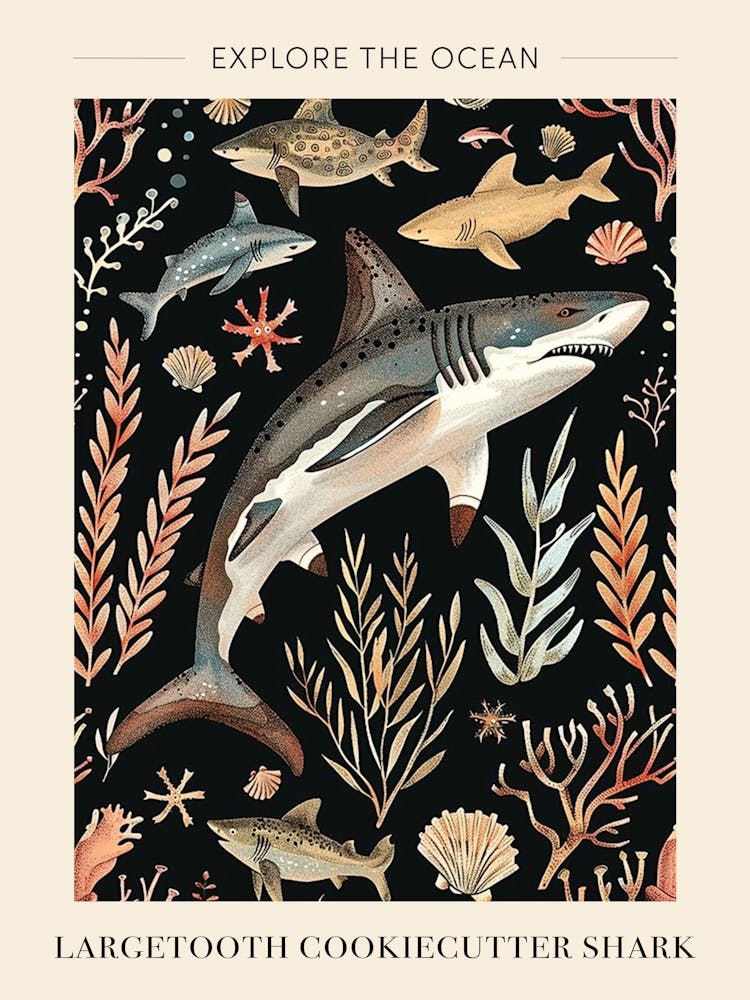 Largetooth Cookiecutter Shark Seascape Black Background Illustration 3 Poster