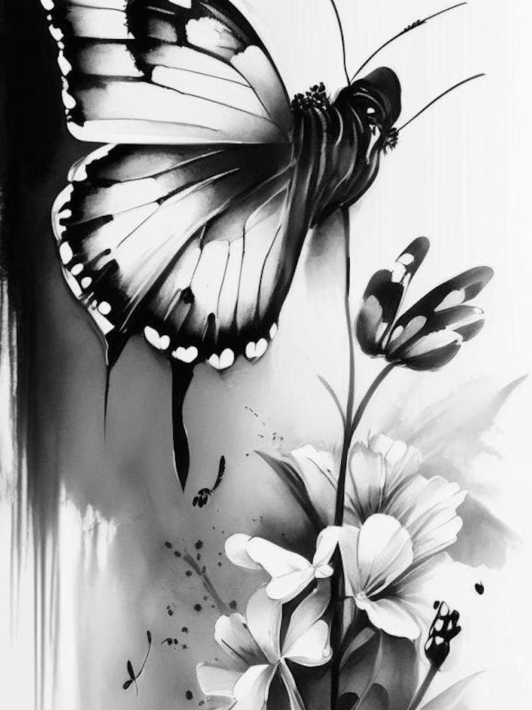 Butterfly And Flowers Symbol Black And White Painting