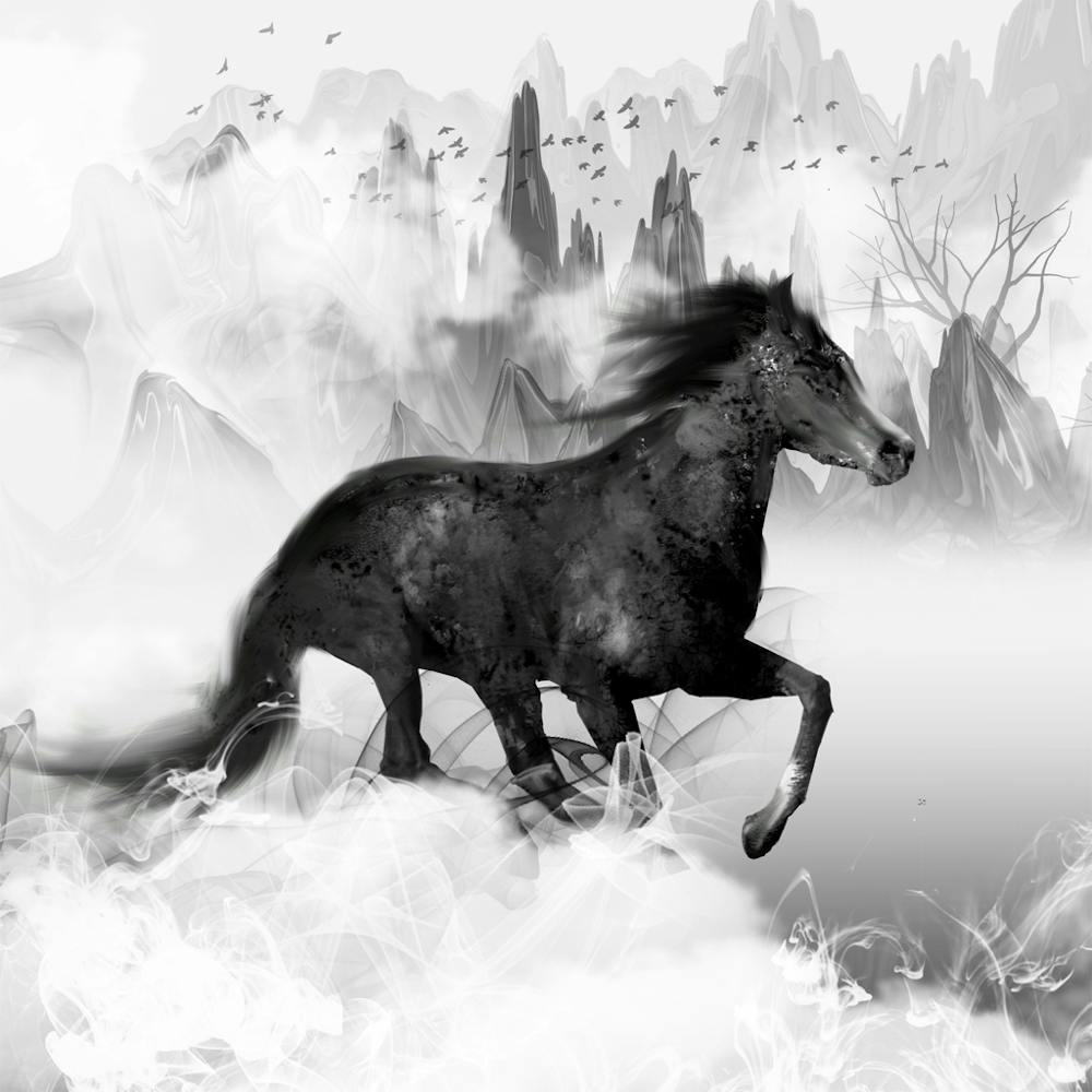 Ink Galloping Horse Black and White - Horse Running In The Fog