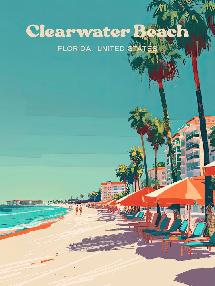 Clearwater Beach Florida Colorful Digital Travel Illustration
