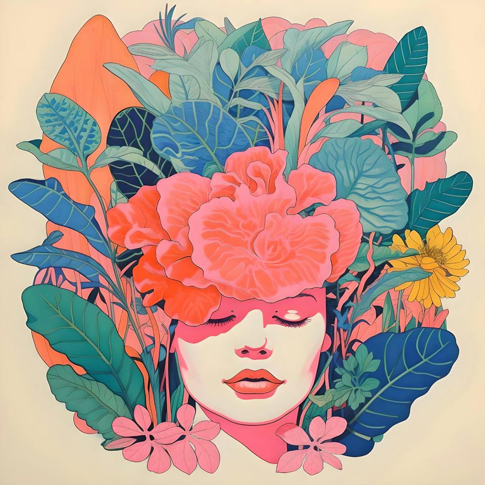 Risographie-Stil Moderne Illustration, Botanische Frau 2