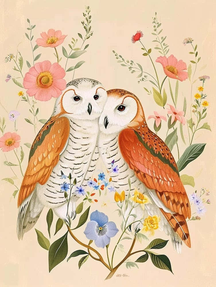 Folksy Floral Animal Drawing Owl 2
