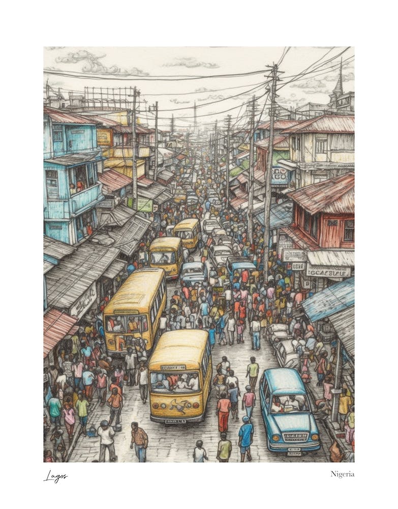 Lagos Nigeria Zeichnung Bleistiftstil 2 Reiseposter