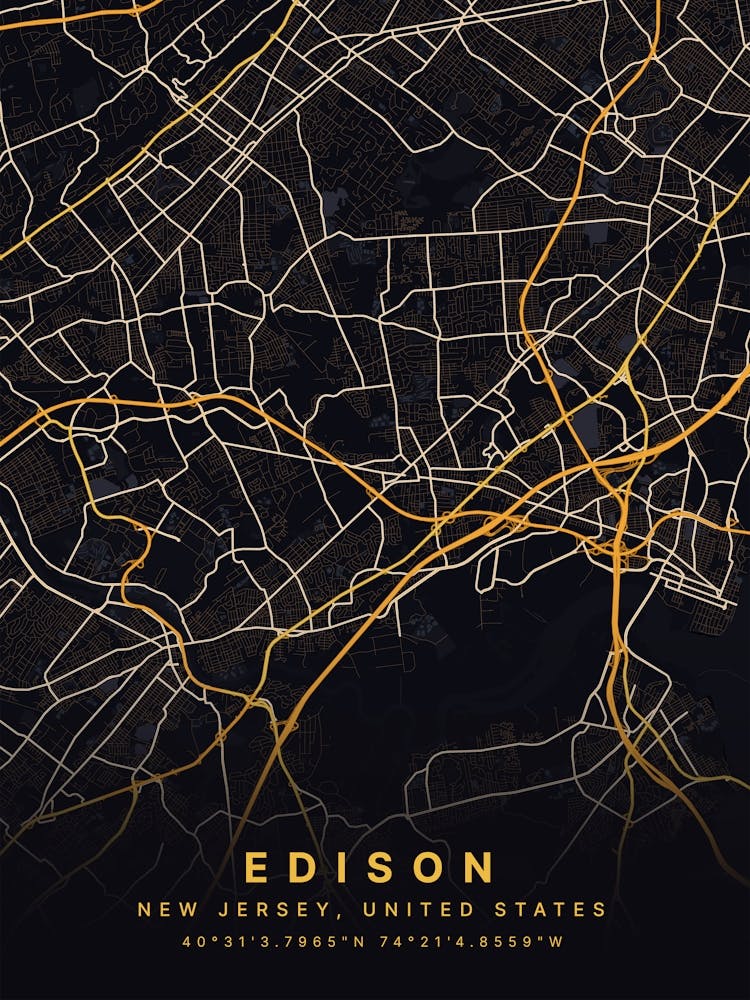 Edison New Jersey United States Black And Gold Map