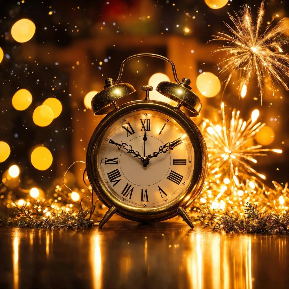 Festive New Year 2024 Vintage Clock With Fireworks