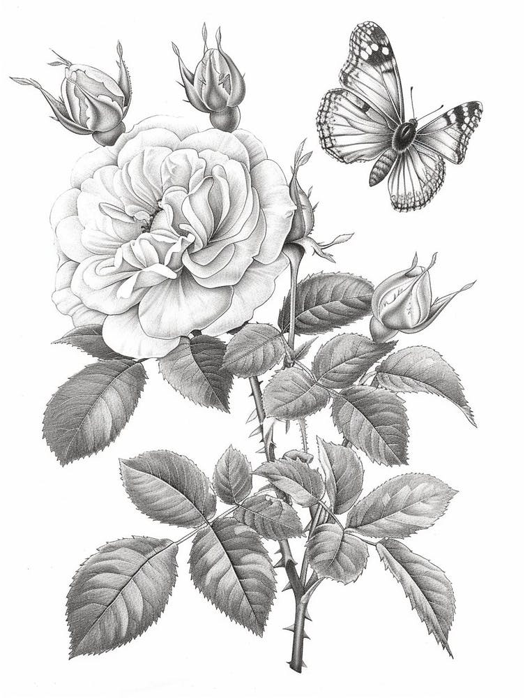 Rose With Butterfly Line Drawing 4