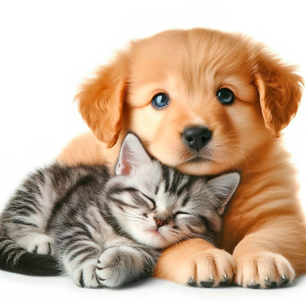 Cute Kitty And Puppy Cuddling Together Isolated On White Background