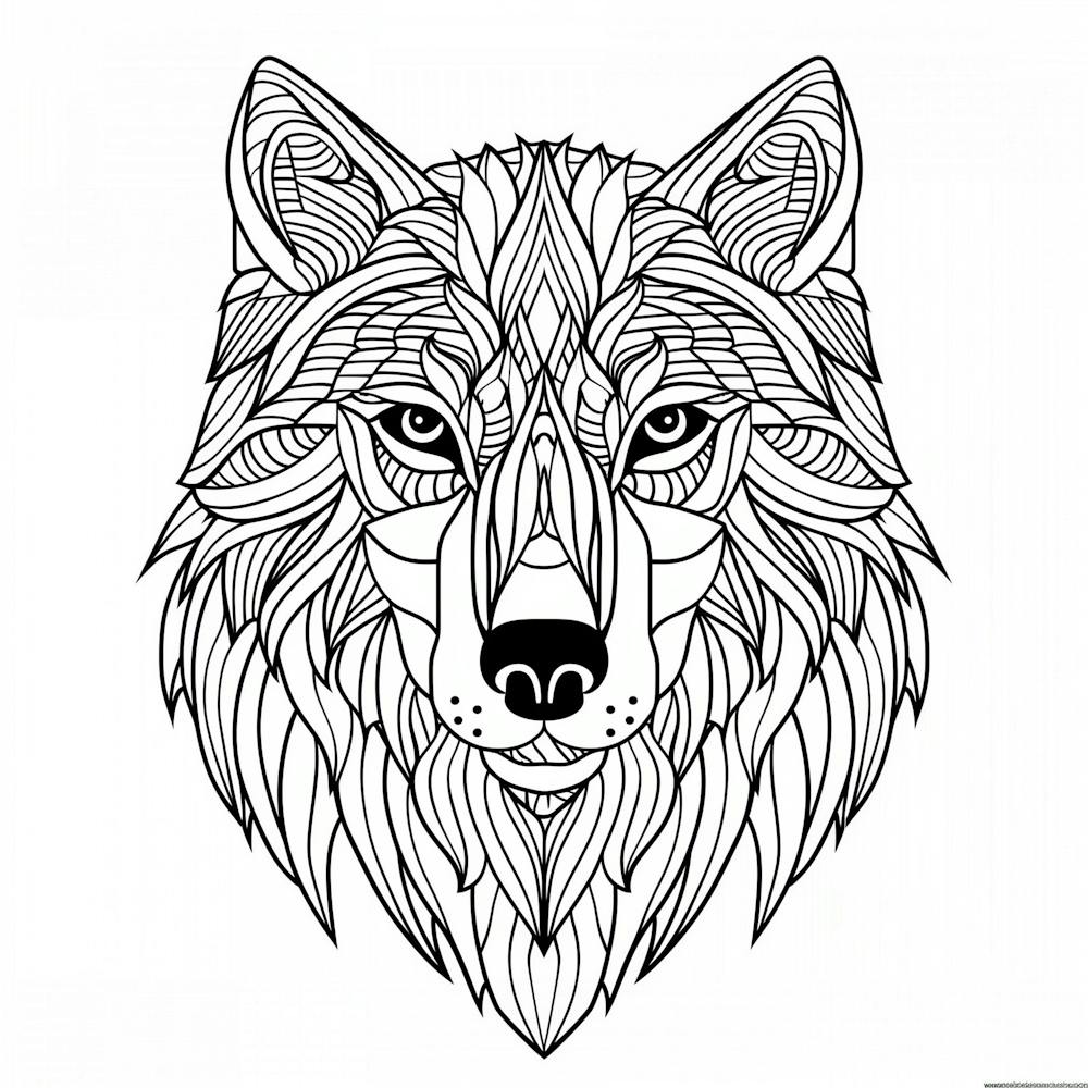 Coloring Page For Adults, Wolf Face,Geometric Patterns, Clean Line Art And Illustration, Geometric Shapes, White Background, No Shading, Sharp Lines, Simple Design, Large Black Outlines Only, White Space Around The Edges Of The Drawi