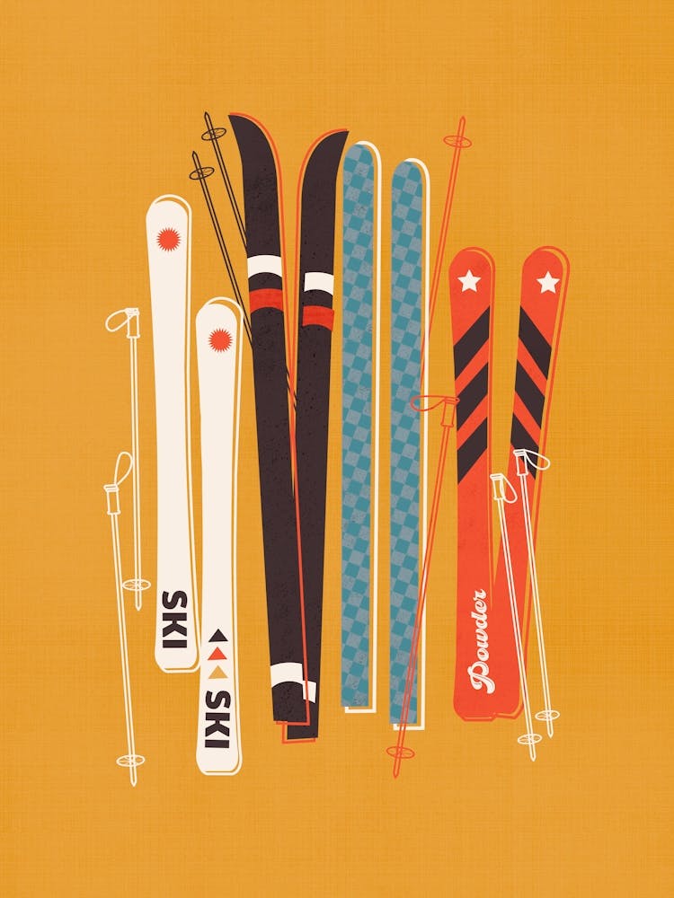 Retro Skis On Yellow