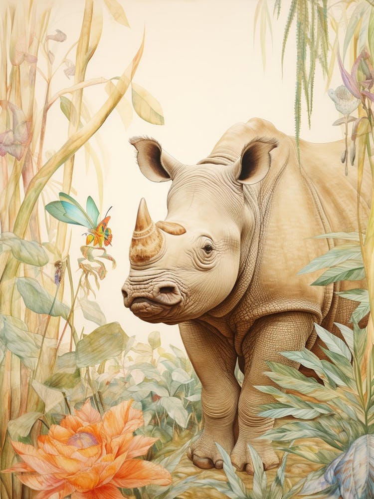 Rhino In The Leaves Vintage Illustration 2