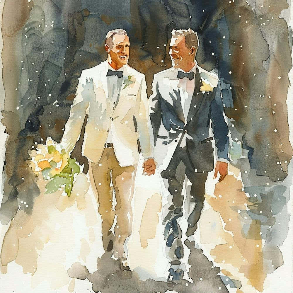 Watercolor Gay Couple Walking Down The Aisle 1