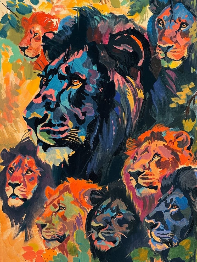 Black Lion Lion In Different Seasons Fauvist Painting 3