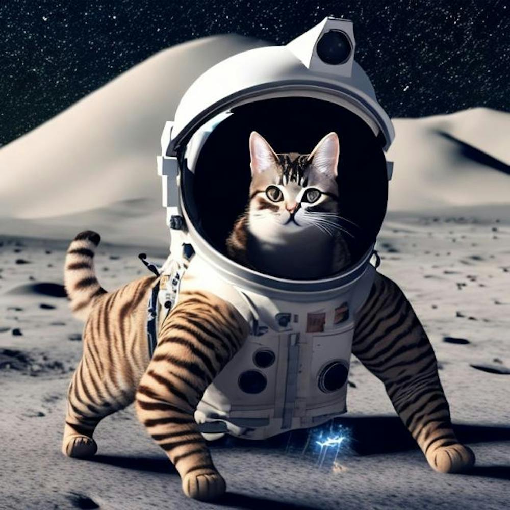 Dicke Katze spaziert auf dem Mond mit Raumanzug.