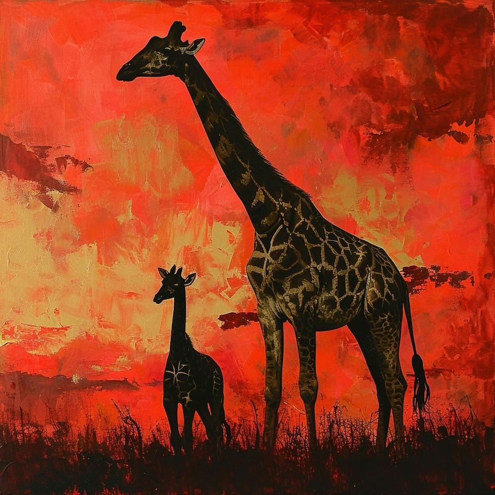 Giraffe & Calf In The Sunset Red Brushstrokes 1