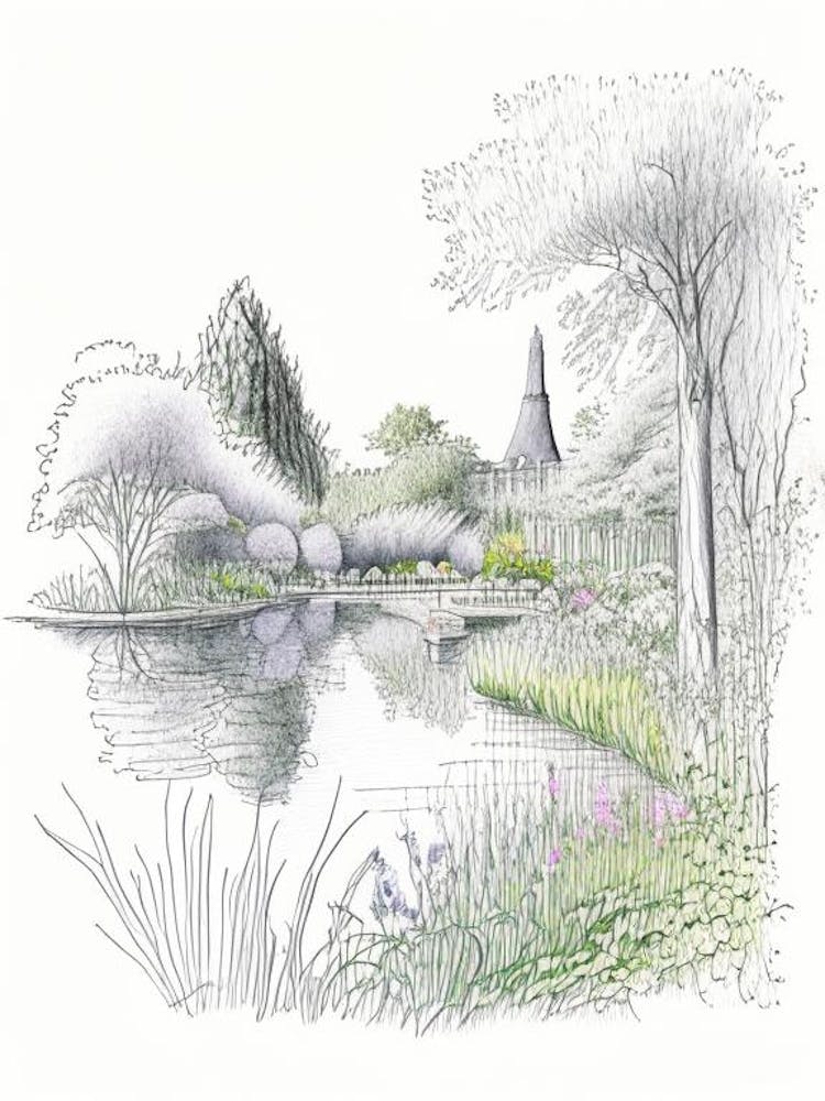 Claude Monet Foundation Gardens, France Vintage Pencil Drawing