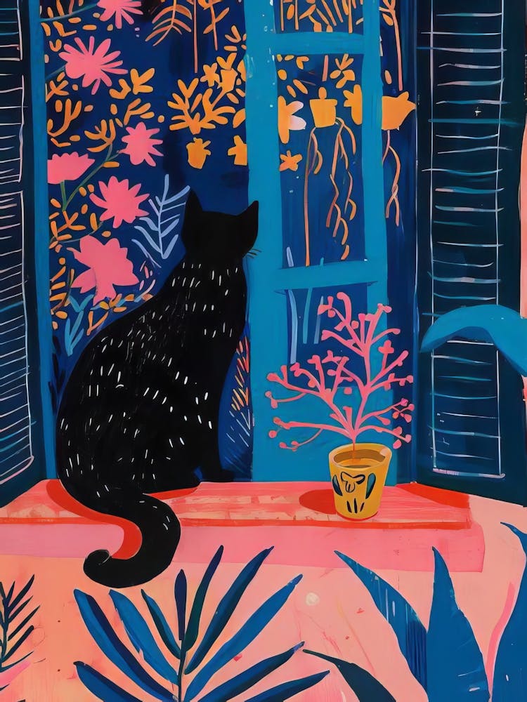 Cat In Open Window Print Henri Matisse Inspired Fauvism Painting Modern Colorful Poster Black Cat Print Floral Print(1)
