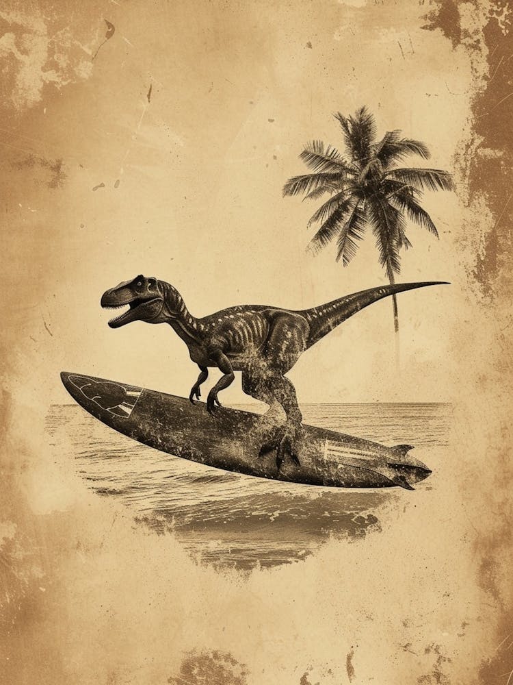 Vintage Dilophosaurus Dinosaur On A Surf Board 3