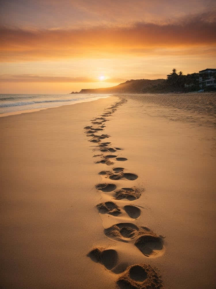 Footprints On The Beach At Sunset