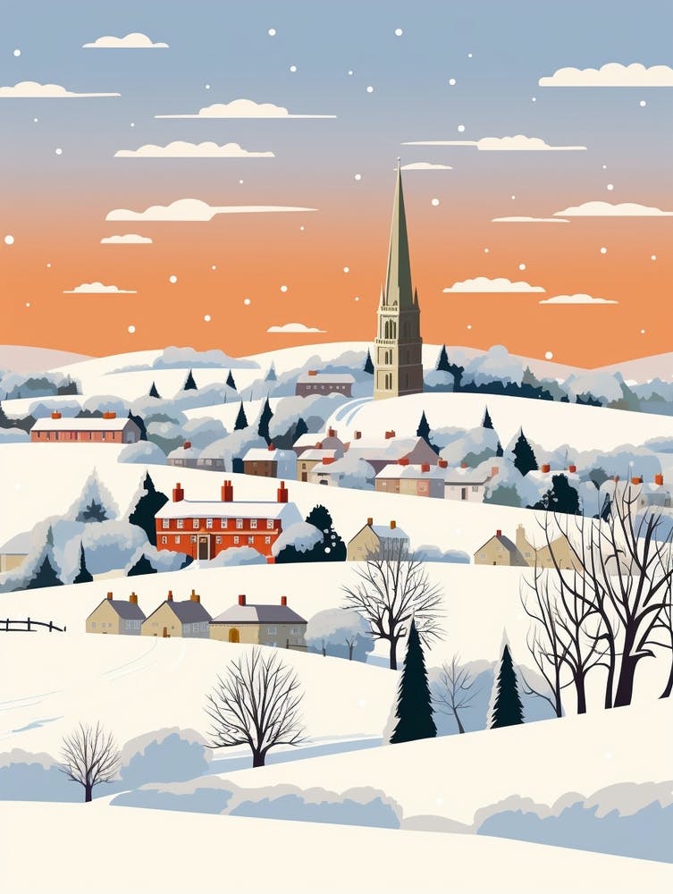Retro Winter Illustration Cotswolds United Kingdom 3