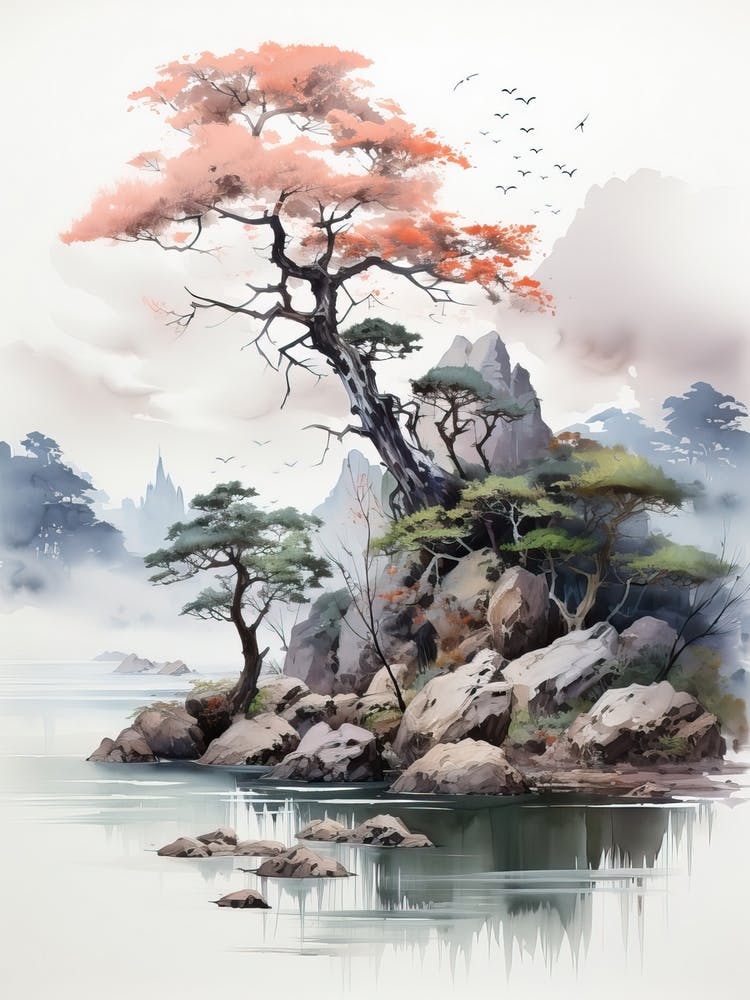 The Ogasawara Islands In Tokyo, Japanese Brush Painting, Ukiyo E, Minimal 3
