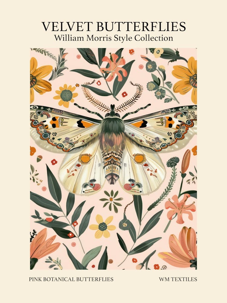 Collection Papillons de Velours - Papillons Botaniques Roses Style William Morris 3
