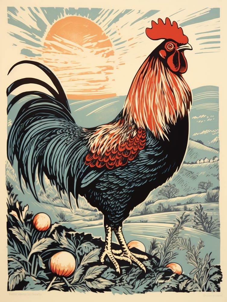 Vintage Bird Linocut Chicken 1