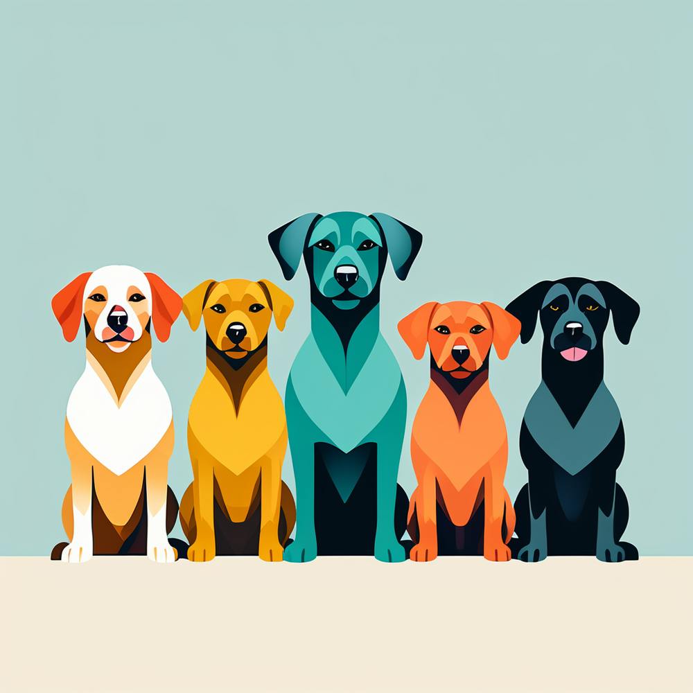 Five Dogs In A Row, colorful dog illustration, dog portrait, animal illustration, digital art, pet art, dog artwork, dog drawing, dog painting, dog wallpaper, dog background, dog lover gift, dog décor, dog poster, dog print, pet, dog, vector art, dog art, dogs
