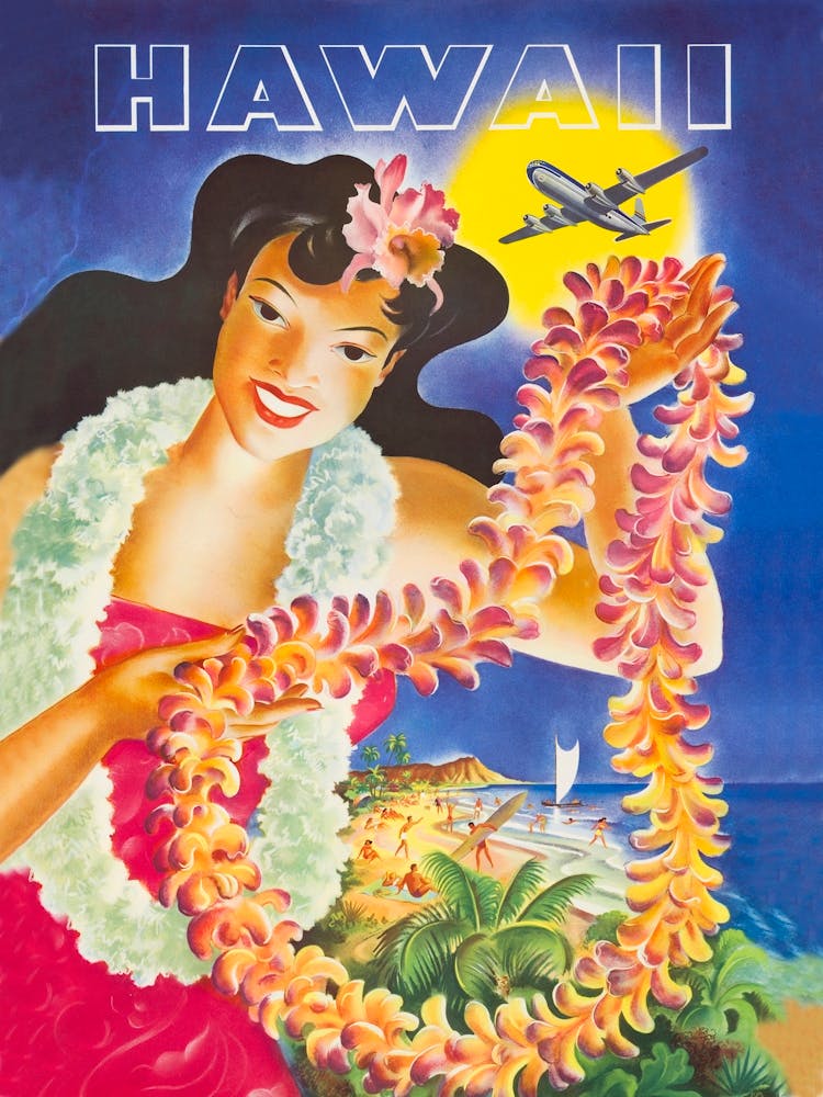 Hawaii, Hula-Mädchen mit Blumenkranz, Vintage Reiseposter