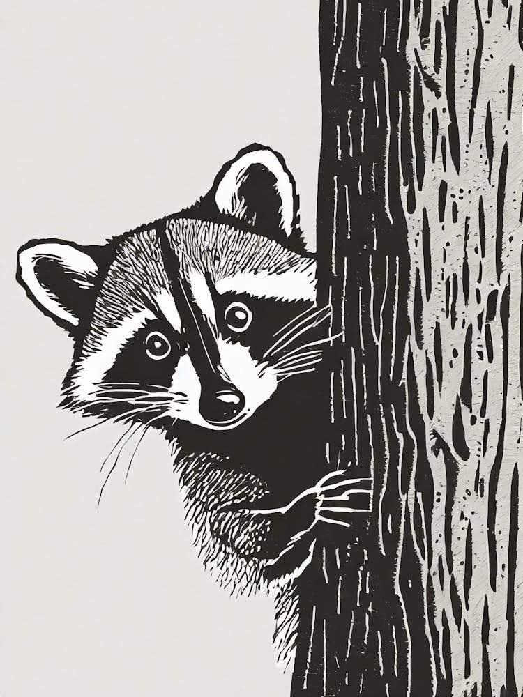 Curious Raccoon Peering From Behind A Tree