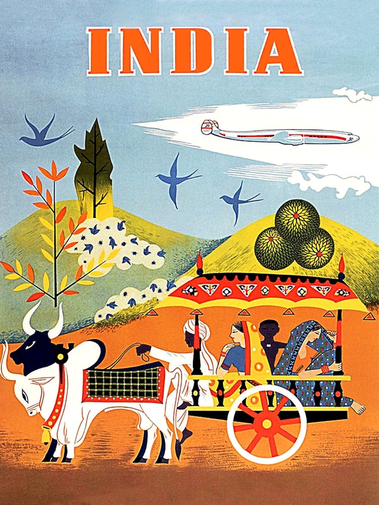 India, Family In Traditional Carriage, Vintage Travel Poster