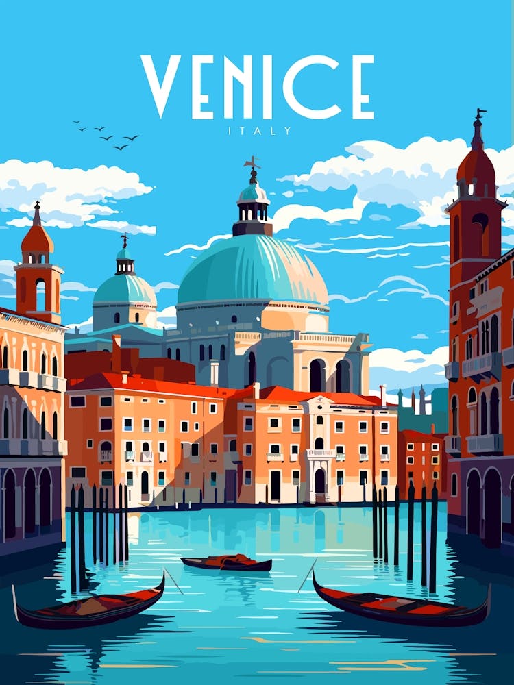 Venice, Italy Travel Poster- Romantic Wall Art - the print shows the Grand Canal with its iconic gondolas and august palaces, set against the backdrop of the magnificent St. Mark's Basilica
