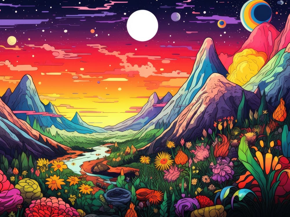 Landscape With Flowers And Planets
