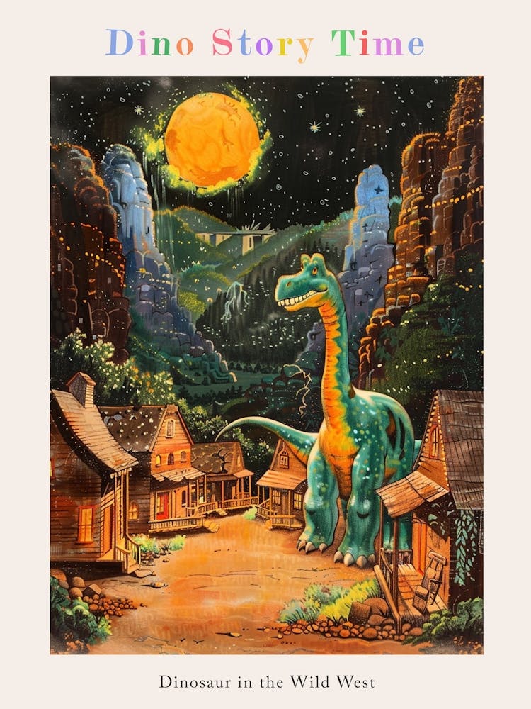 Dinosaur In A Western Town Lllustration 3 Poster