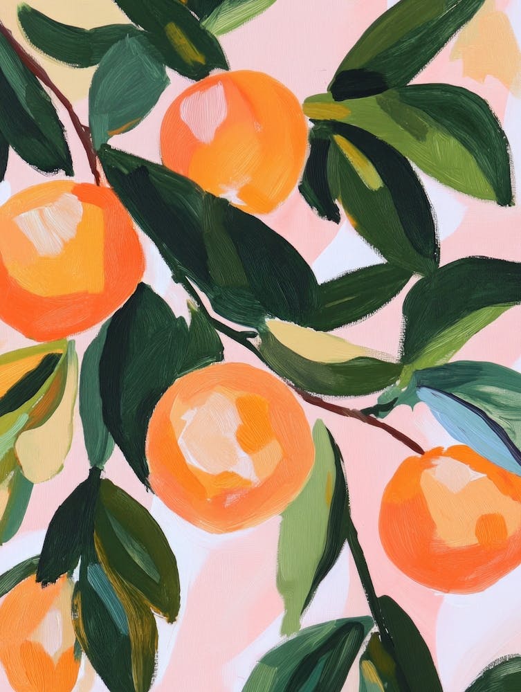 Orange Tree Branches Gouache Painting
