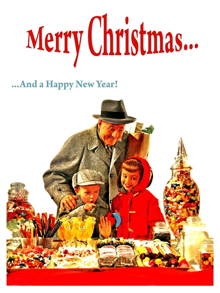 Grandpa With Kids, Marry Christmas, Vintage Poster