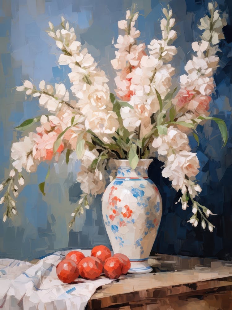Delphinium Flower And Peaches Still Life Painting 2 Dreamy