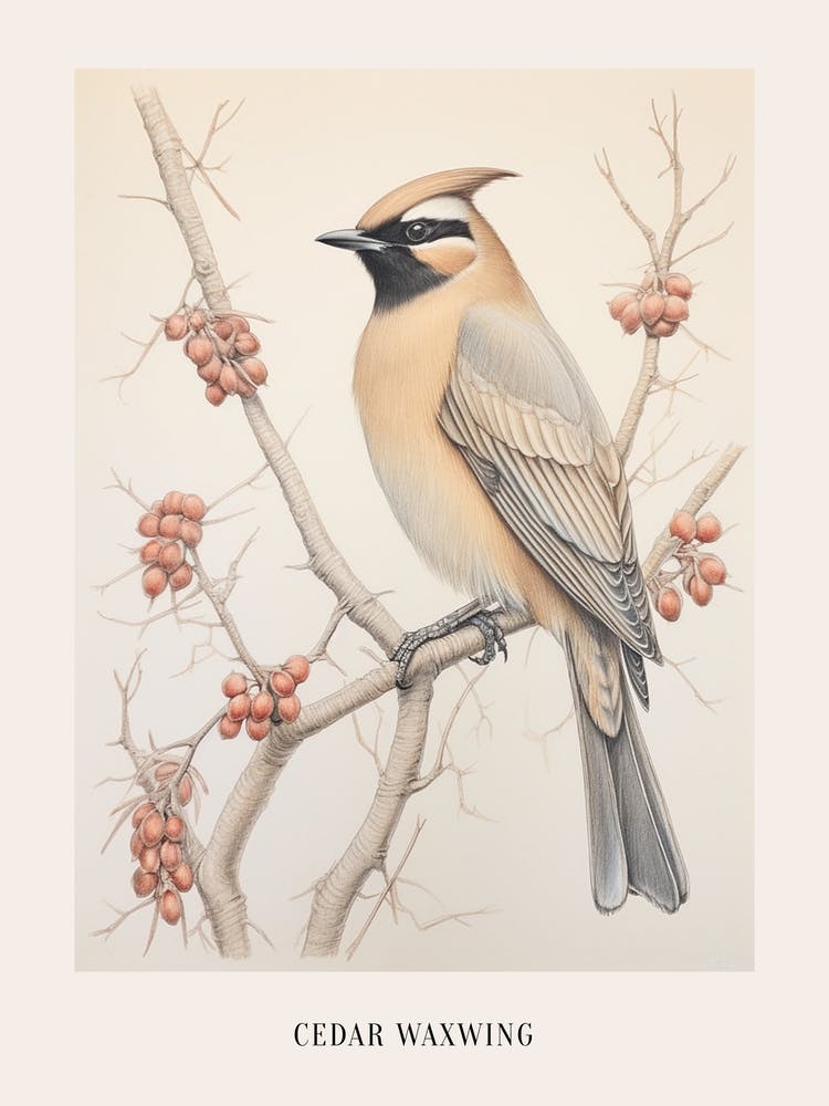 Vintage Bird Drawing Cedar Waxwing 2 Poster