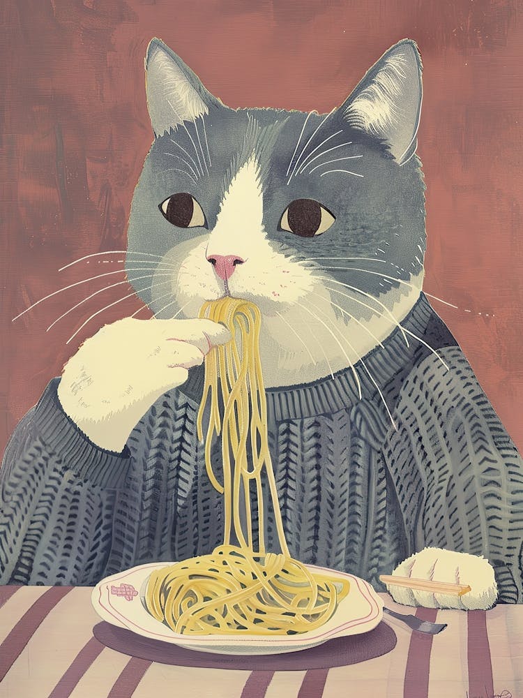 Grey White Cat Eating Pasta Folk Illustration 3
