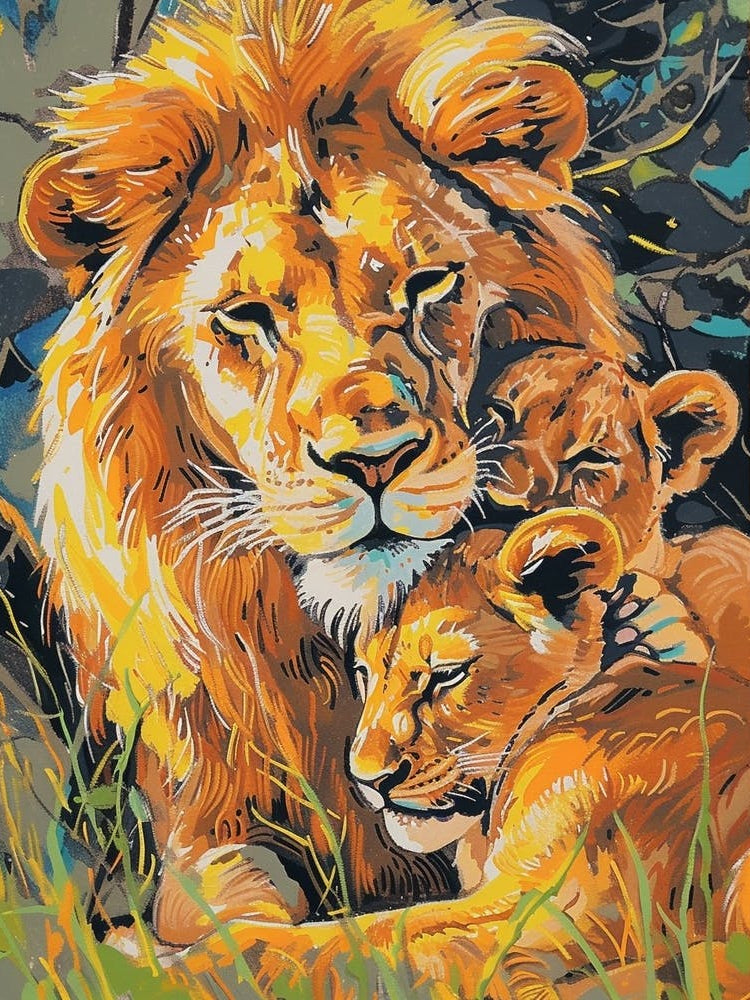Transvaal Lion Family Bonding Fauvist Painting 6