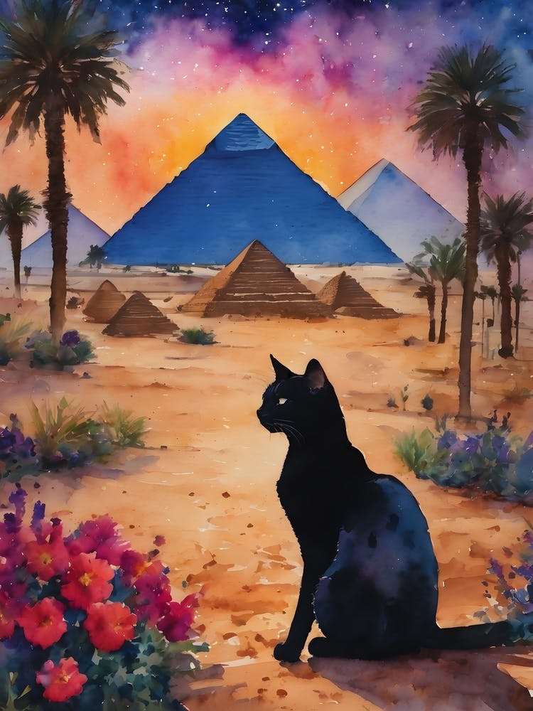 Black Cat in Egypt - A Black Cat Travels Series Visiting Three Pyramids of Giza - Egyptian Great Pyramid Cairo Iconic Ancient Cityscape Traditional Watercolor Kitty Travels Home and Room Wall Art Cool Decor Klimt and Matisse Inspired Modern Awesome Cool U