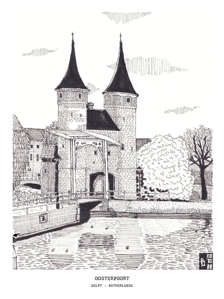Oosterpoort Eastern Gate Delft Netherlands Pen Ink Illustration