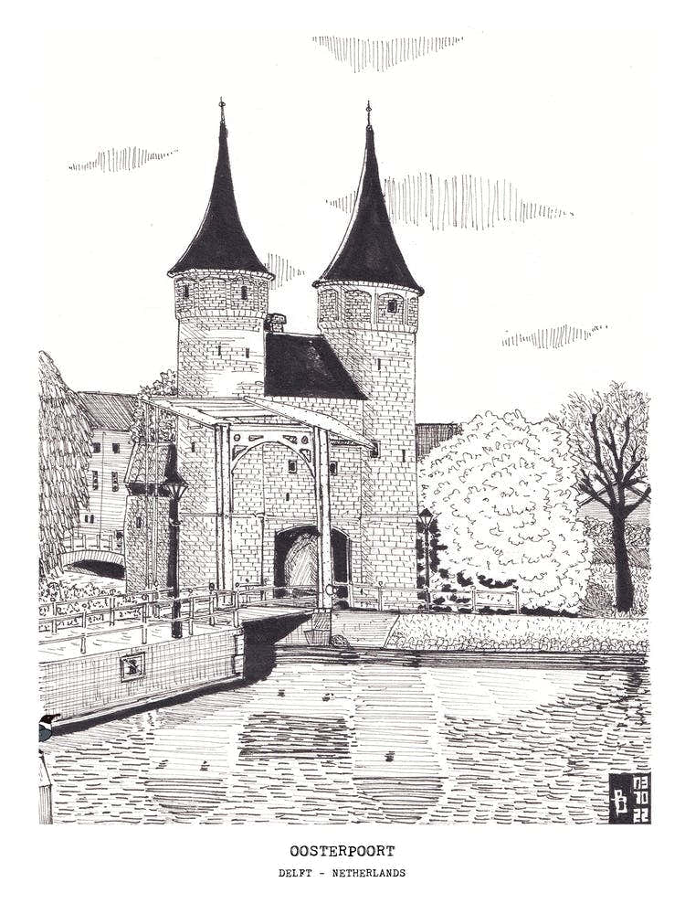 Oosterpoort Eastern Gate Delft Netherlands Pen Ink Illustration