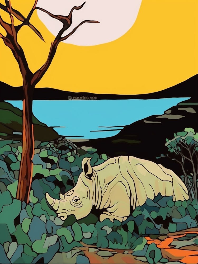 Rhino Relaxing In The Bushes Simple Illustration 2