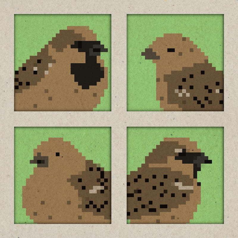 Four Pixel Sparrows, birds, animals, illustration, wall art